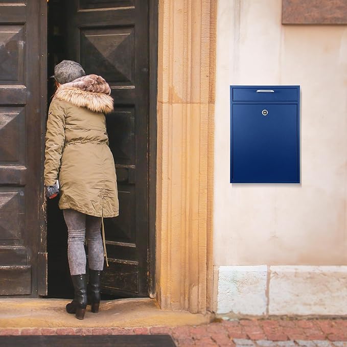 Locking Mailbox with Key for Outdoor 16.2 x 11.2 x 4.7 Inches Large Wall Mount Mail Box with Lock Security Mail Drop Metal Collection Boxes Hanging Secure Postbox(Dark Blue)