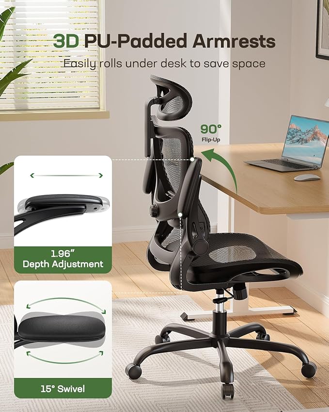 Marsail Ergonomic Mesh Office Chair High Back Home Office Desk Chair with Adaptive Lumbar Support, 2D Headrest, 3D Flip-Up Armrests, Height Adjustable and Rocking Tilt for Home Office and Gaming