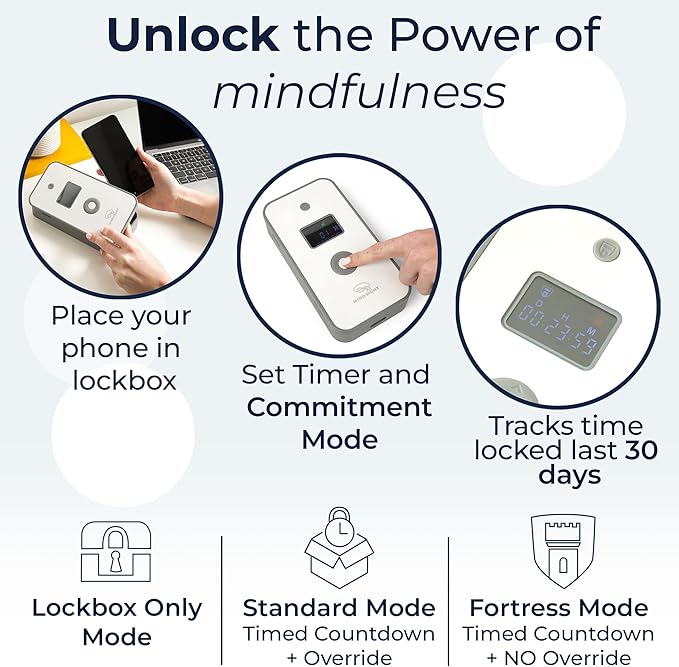 Mindsight Personal Timed Lock Box | Unplug from Phones and Other Small Distractions | 3 Modes based on Willpower | Easy to Use | Out of Sight ~ Out of Mind | Boost Your Mental Wellness