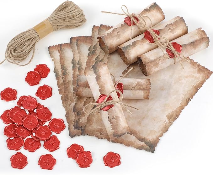 Vintage Writing Invitations Set Includes 100 Letter Antique Scroll Rustic Papers 100 Wax Seal Stickers 3 Strands of Twine for Valentines Mother Stationery Old Medieval Cardstock(4 x 6 Inch)