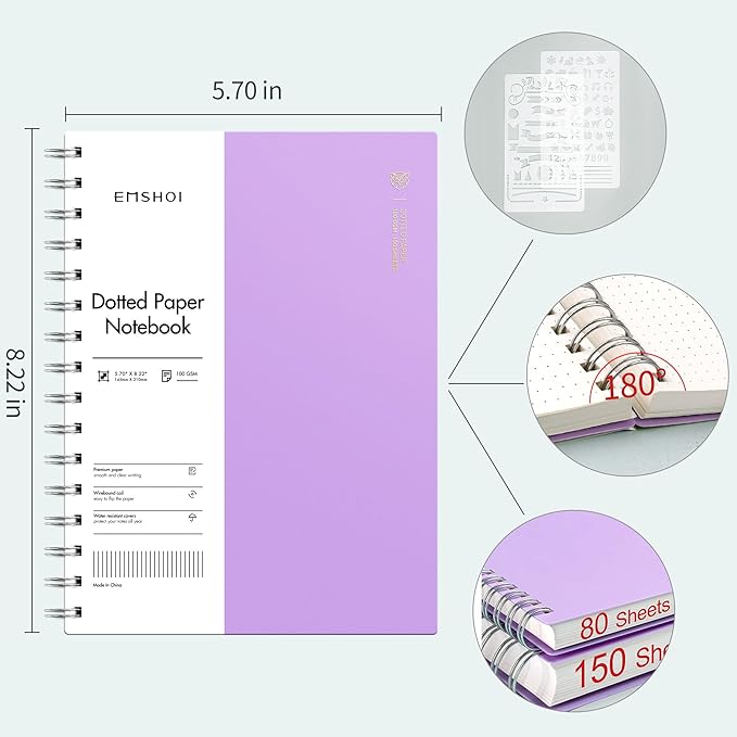 EMSHOI A5 Spiral Notebook Bullet Dotted Journal, Small 5.7" X 8.22", 300 Pages/150 Sheets, 100gsm Dot Grid Paper, Waterproof Hardcover, for Office School Women Men Work Writing Notes-Purple