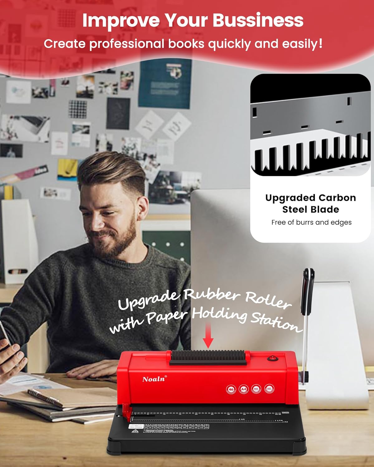 Nolan Upgraded Binding Machine Spiral Coil Binder,46-Hole Book Binder with Electric Coil Inserter,4:1 Pitch,100pcs Comb Binding Spines&1 Crimper Plier,School Office Home,Anti-Rust