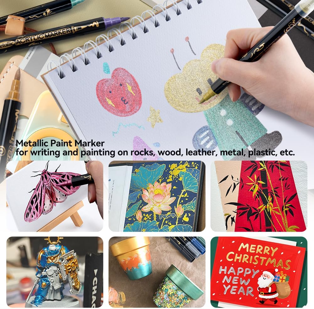 TRANSON 12Colors Metallic Paint Markers Brush and Fine Dual-tip for Rock Wood Ceramic Canvas DIY Painting Drawing