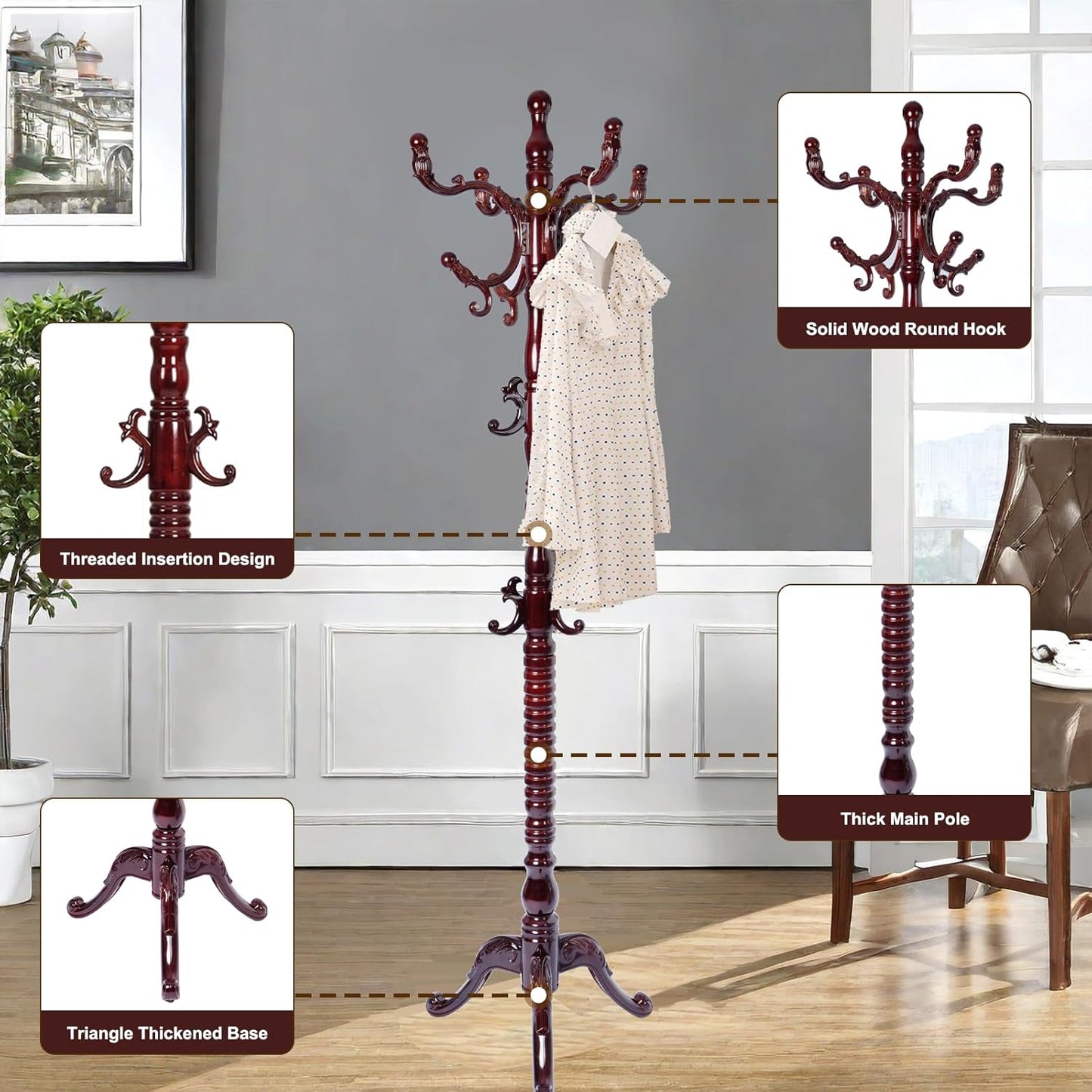 Solid Wood Coat Rack – 73" Freestanding Coat Racks Stand with 14 Hooks & Stable Base, Adjustable Height Modern Wooden Hall Tree for Entryway, Bedroom, Office, Home (Mahogany Triangle)