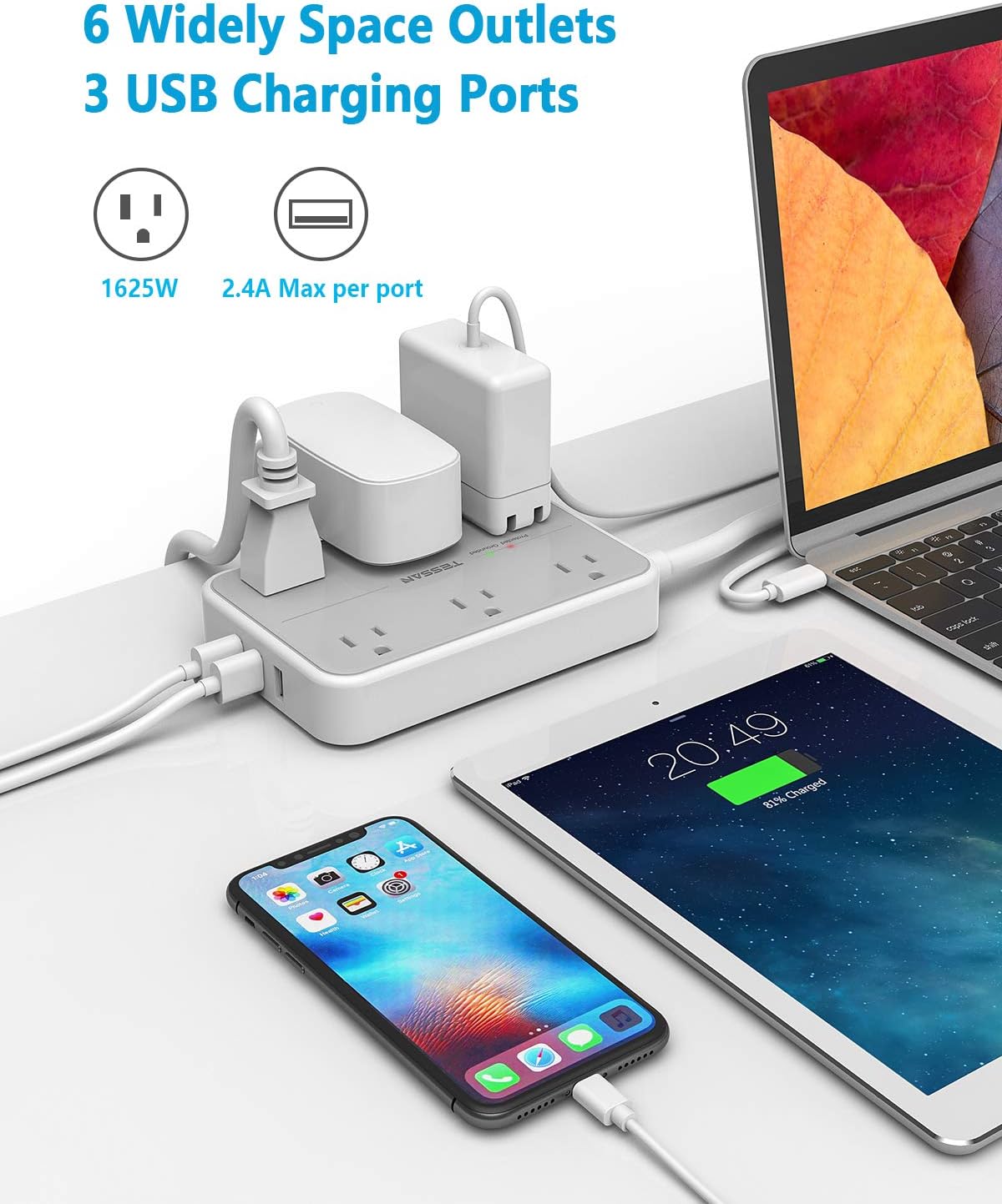 Power Strip Surge Protector Plug, TESSAN 15 FT Extension Cord with Multiple Outlets, 1080J Protection, 6 AC Outlets 3 USB Ports (3 USB A), Wall Mount for Home Office School Dorm Room Supplies