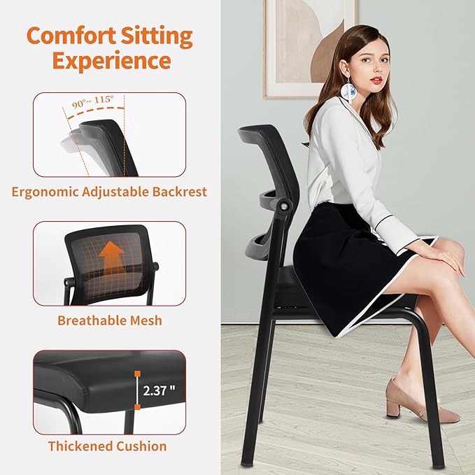 CLATINA Stackable Waiting Room Chair with Adjustable Mesh Backrest, Armless Office Guest Reception Chairs with Leather Cushion and Ergonomic Lumbar Support for Conference Lobby Side School, Black, 2PK