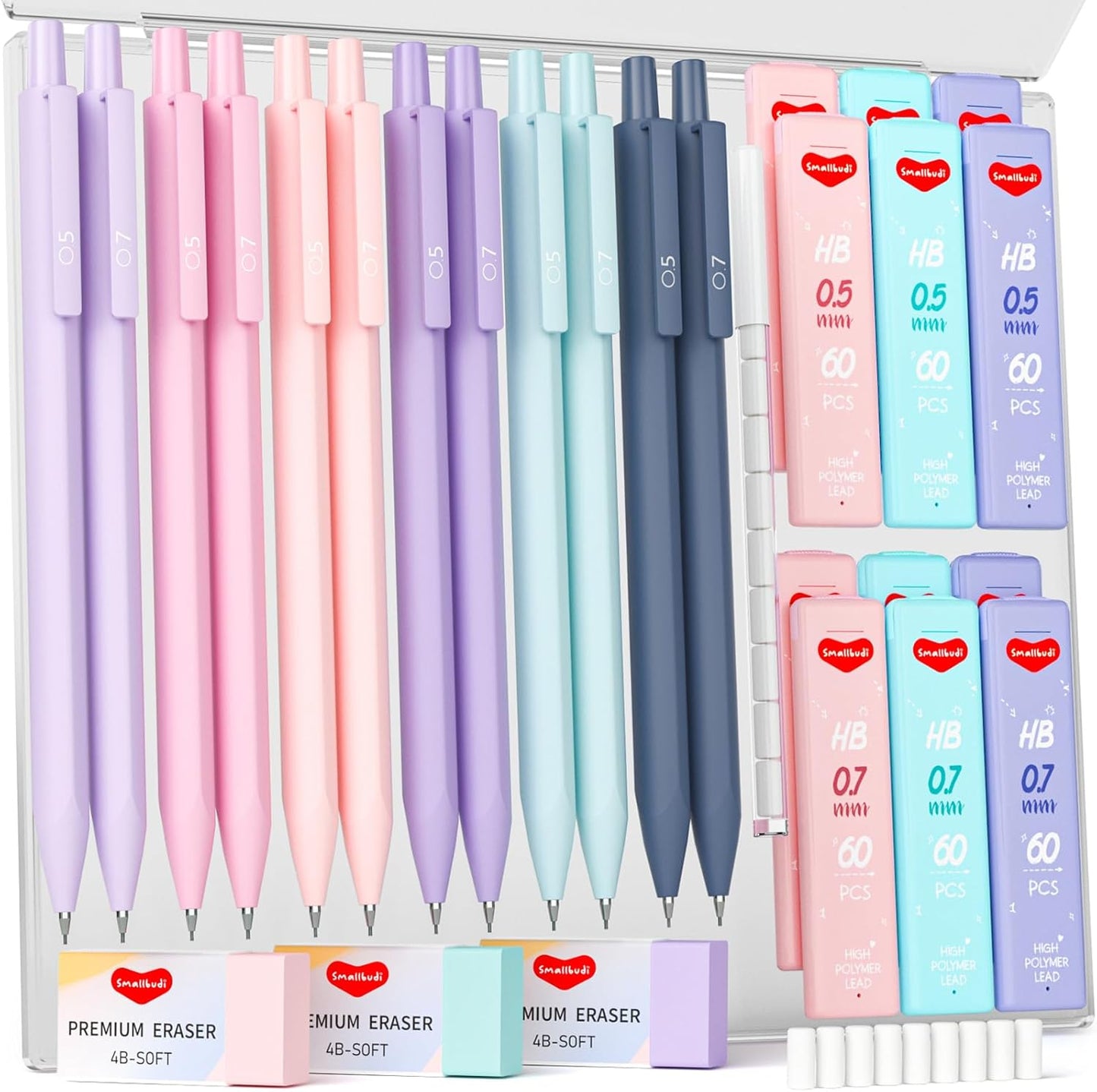 12PCS 0.5 & 0.7 mm Mechanical Pencils Set with Case, Cute Pastel Mechanical Pencil with 720PCS HB Lead Refills, 3 Erasers, Aesthetic Back to School Supplies for Student Writing Drafting