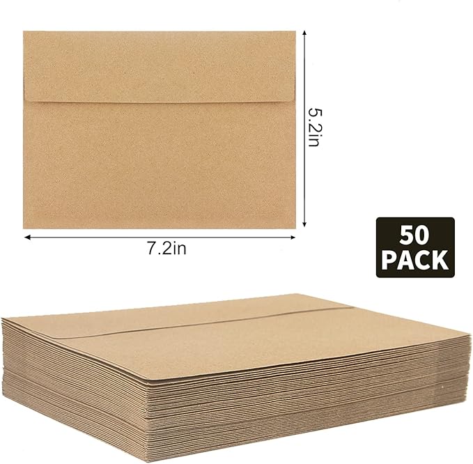 50 Pack Kraft Envelopes,A7 Envelopes,5x7 Envelopes for Invitations,Wedding, Baby Shower,Brown Kraft Envelopes for Personalize Gift Cards, Birthday Party