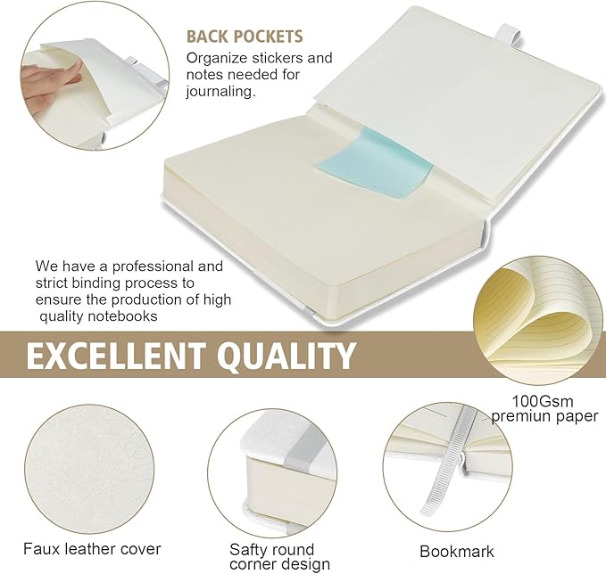 Lined Journal Notebook, 360 Numbered Pages(With page number), Thick Journal for Writing A5 College Ruled Notebook, 100gsm Lined Paper, Leather Hardcover, 5.75'' X 8.38''-1 Pack, White