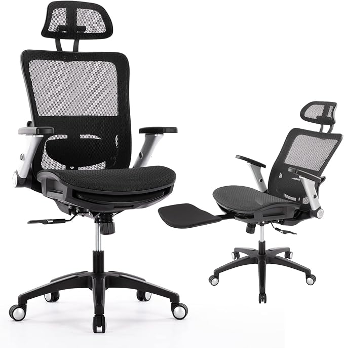 COLAMY Ergonomic Mesh Office Chair with Footrest, High Back Computer Executive Desk Chair with Headrest and 4D Flip-up Armrests, Adjustable Tilt Lock and Lumbar Support-Black