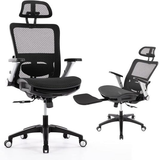 COLAMY Ergonomic Mesh Office Chair with Footrest, High Back Computer Executive Desk Chair with Headrest and 4D Flip-up Armrests, Adjustable Tilt Lock and Lumbar Support-Black