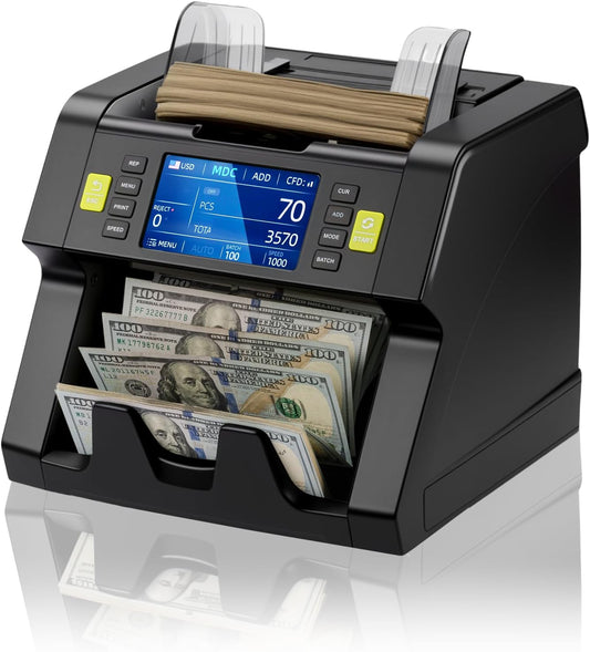 MUNBYN IMC21 Money Counter Machine Mixed Denomination, CIS/UV/IR/MG/MT Counterfeit Detection, Touch Screen, USD, MXN, LBP, CAD Cash Counter for Business, Printer Compatible Bill Counter, 2Y Protect