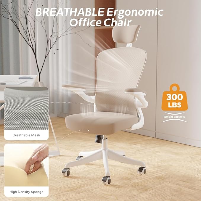 Ergonomic Office Chair with Adjustable Lumbar Support & Flip-Up Armrests - High Back Computer Desk Chair with Thickened Seat Cushion, Rolling Wheels for Home/Office Study Work