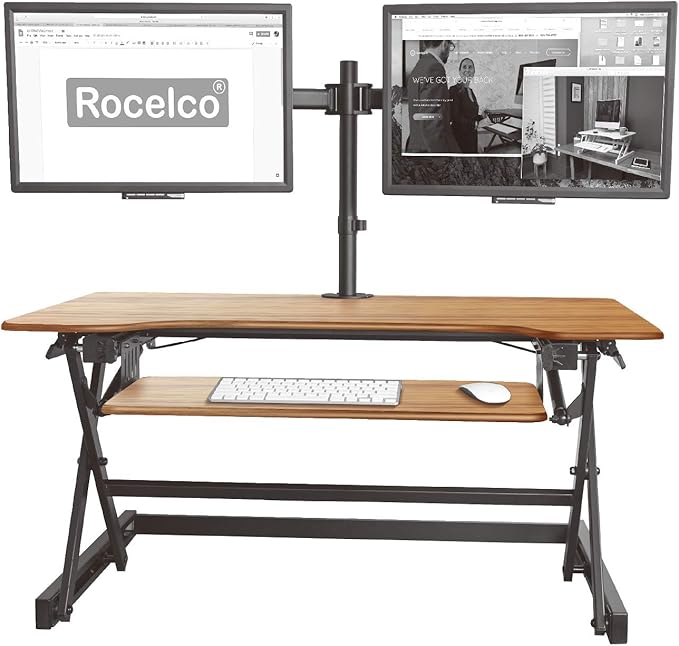 Rocelco 40" Large Height Adjustable Standing Desk Converter - Quick Sit Stand Up Dual Monitor Riser - Gas Spring Assist Computer Workstation - Retractable Keyboard Tray - Teak Wood Grain (R DADRT-40)