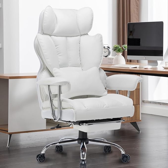 Efomao Big and Tall Office Chair 400lbs – High Back PU Leather Executive Chair with Lumbar Support, Footrest, Swivel Base, Padded Armrests, and Rolling Wheels for Home Office, White Computer Chair