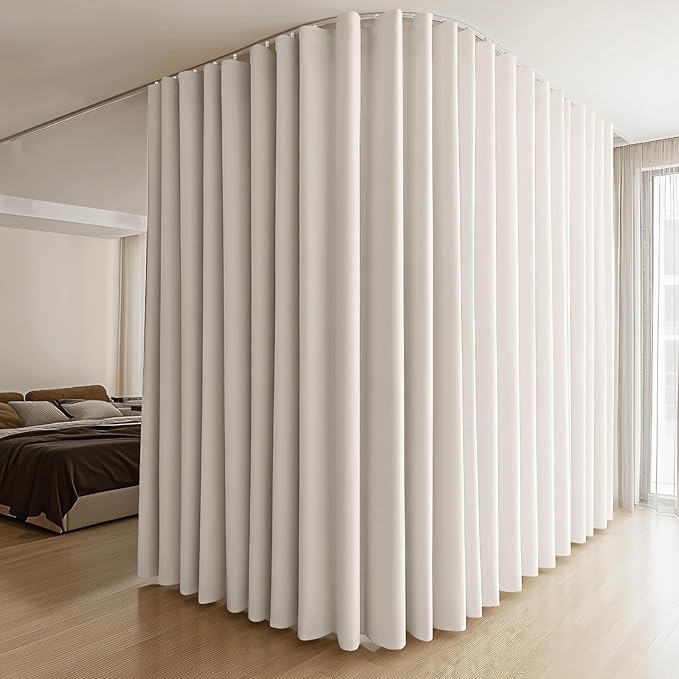 Room Divider Curtains & Flexible Bendable Tracks Set,Privacy Dividers Ceiling Track Curtain Window Blackout Curtains for Living Room Bedroom (W100 × H84 in 1 Panel Beige Drape & White Rail)