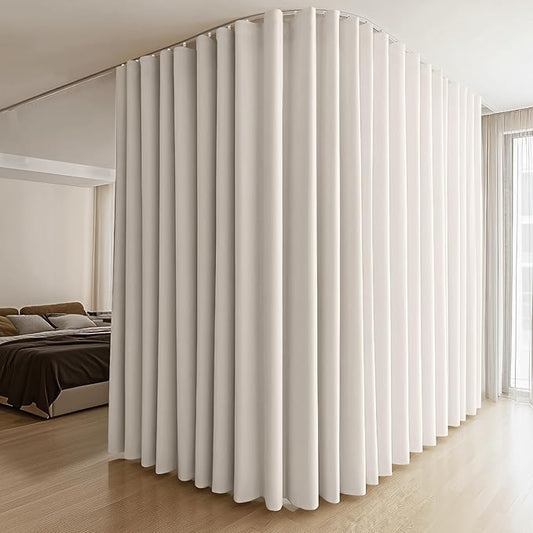 Room Divider Curtains & Flexible Bendable Tracks Set,Privacy Dividers Ceiling Track Curtain Window Blackout Curtains for Living Room Bedroom (W100 × H96 in 1 Panel Beige Drape & White Rail)
