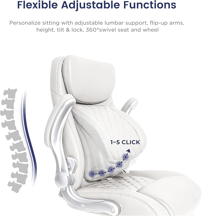 Nouhaus Ergonomic Office Chair Premium Microfiber Leather Adjustable Lumbar Support & Armrests, High Back Comfy Desk Gaming Chairs Executive Computer Swivel Chair Tilt Function(Posture,White)