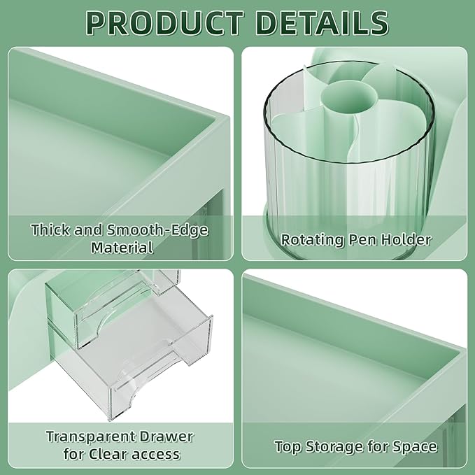 Marbrasse Desk Organizer with 2 Drawer, 360°Rotating Pen Holder for Desk, Desk Organizers and Accessories with 6 Slots Pencil Organizer + 2 Drawer, Art Supply Storage Box Caddy for Office (Green)