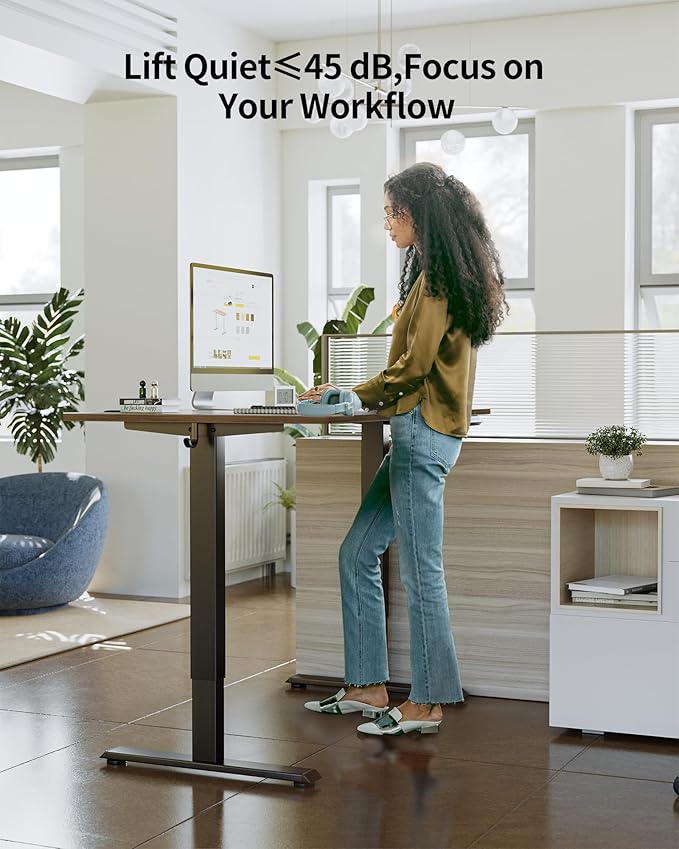 FEZIBO One-Piece Standing Desk Adjustable Height Stand up Home Office Desk, 55x24 Inch Electric Standing Computer Desk, with 4 Memory Presets, Fixable casters, Black Walnut