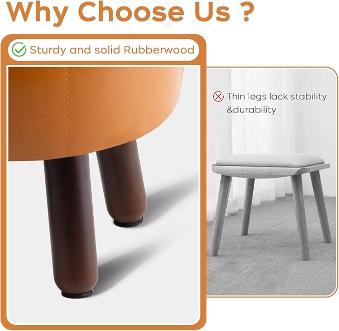 Small Foot Stool Ottoman, Round Pouf Foot Rest, Footstool Ottomans with Rubber Legs Under Desk, Faux Leather Footrest for Couch, Living Room, Bedroom, Hallway, Office, 13''L x 13''W x 10.2''H