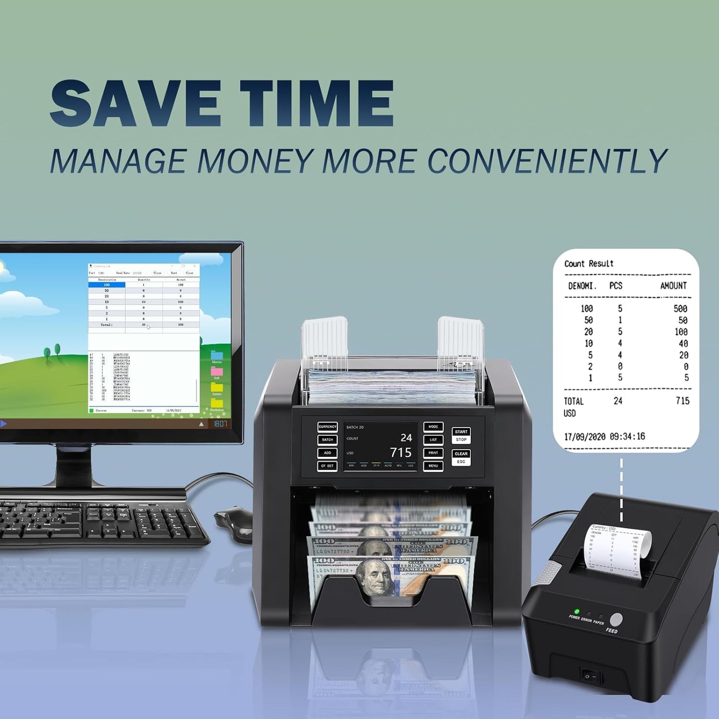 N70A Business Grade Money Counter Machine with 2CIS/UV/MG/IR Counterfeit Detection, Serial Number Reading,Mixed Denomination,Bill Counter High Speed for Store, Small Business, Office