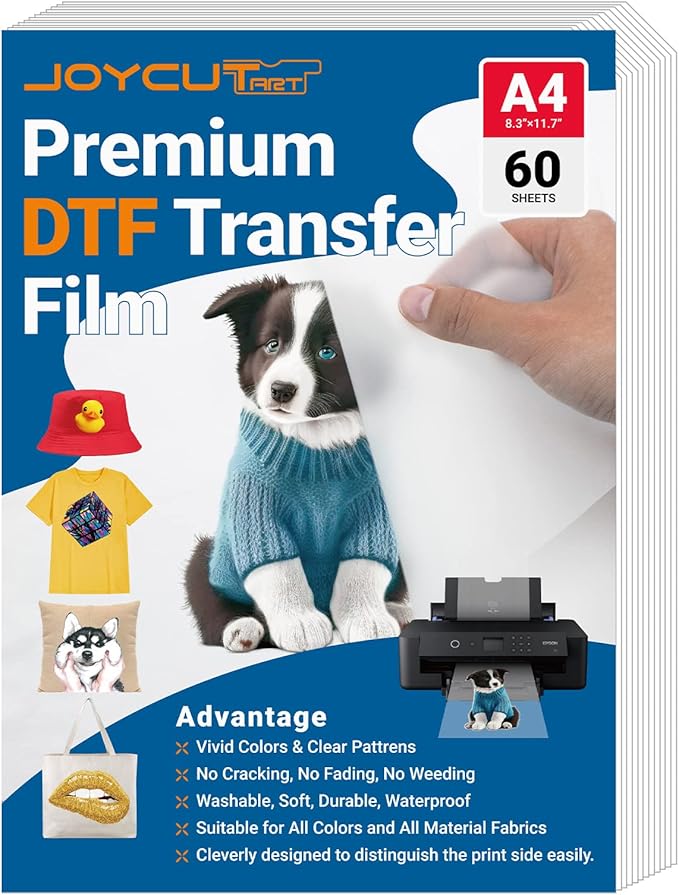 JOYCUT DTF Transfer Film - A4（8.3"×11.7"）60 Sheets Double-Sided Matte Finish, DTF Film for Sublimation and DTF Inkjet Printer, Direct to Film Transfer Paper for T-Shirts