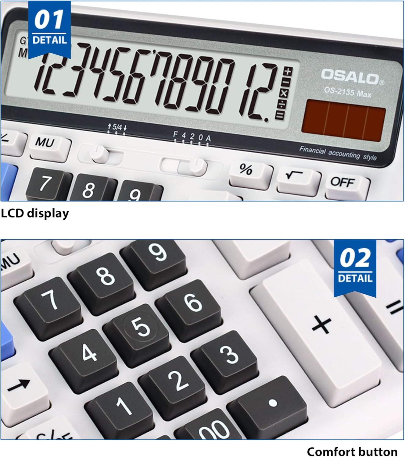 Desktop Calculator Extra Large LCD Display 12-Digit Big Number Accounting Calculator with Giant Response Button, Battery & Solar Powered, Perfect for Office Business Home Daily Use(OS-2135)