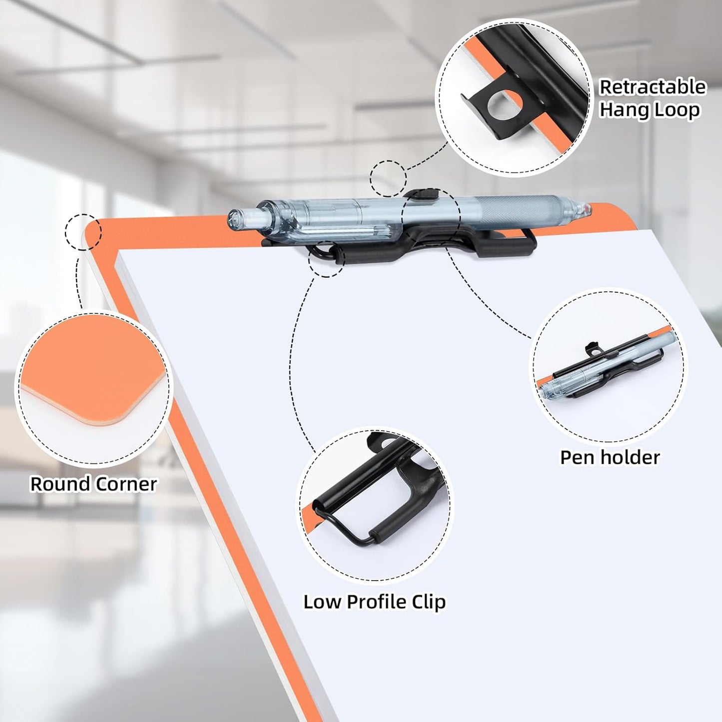 Clipboard with Pen Holder, Plastic Clipboard with Low Profile Metal Clip, Hanging Clipboards Holds 8.5x11 Inch Papers, Standard A4 Letter Size Clip Board for Office & School, Orange
