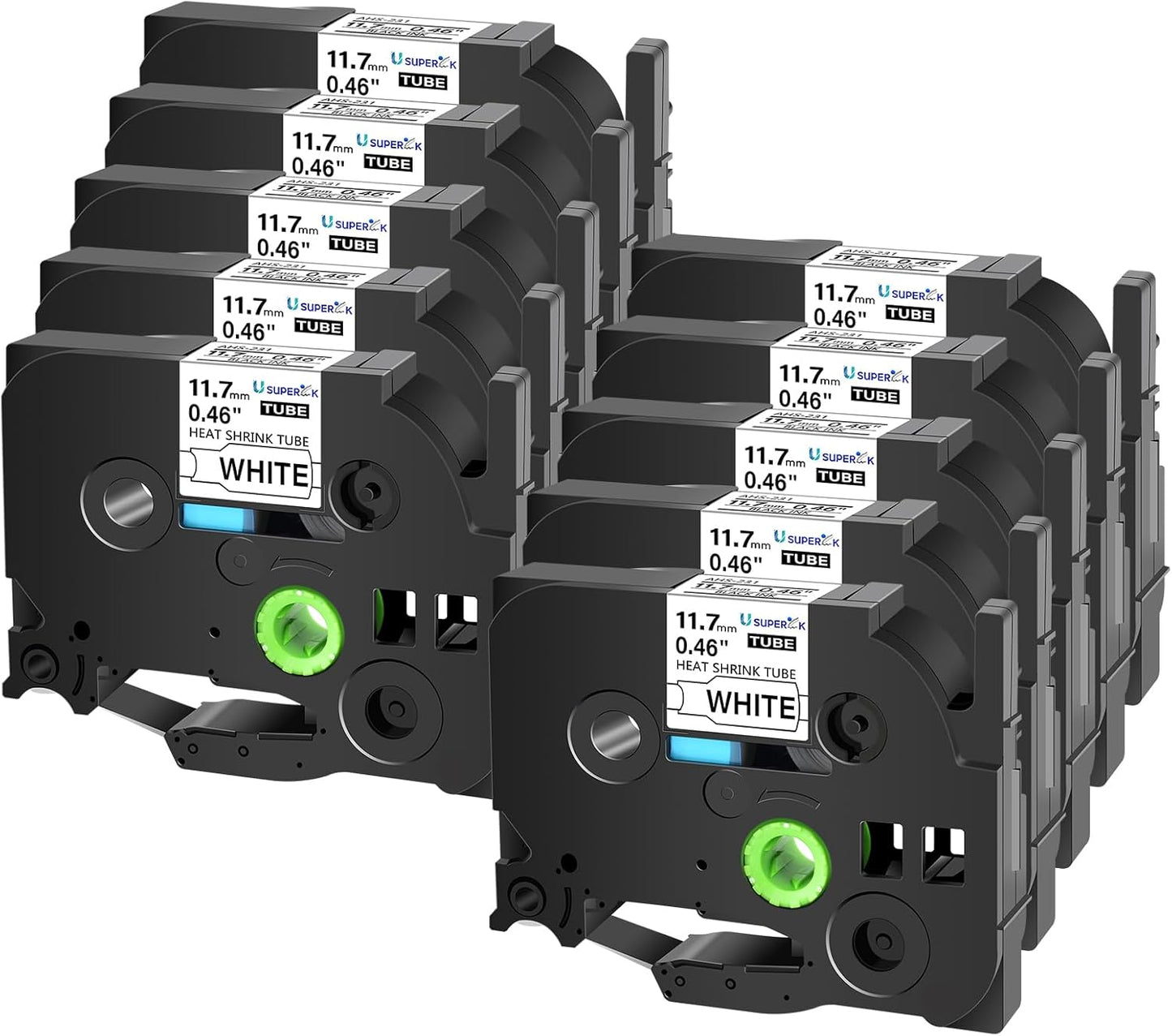 10PK Compatible for Ptouch HSe-231 HSe231 HS-231 HS231 Black on White 11.7mm 0.46'' Heat Shrink Tubing for Wire Cable for PT300 PT-300B PT310 PT310B PT320 Label Maker Tape