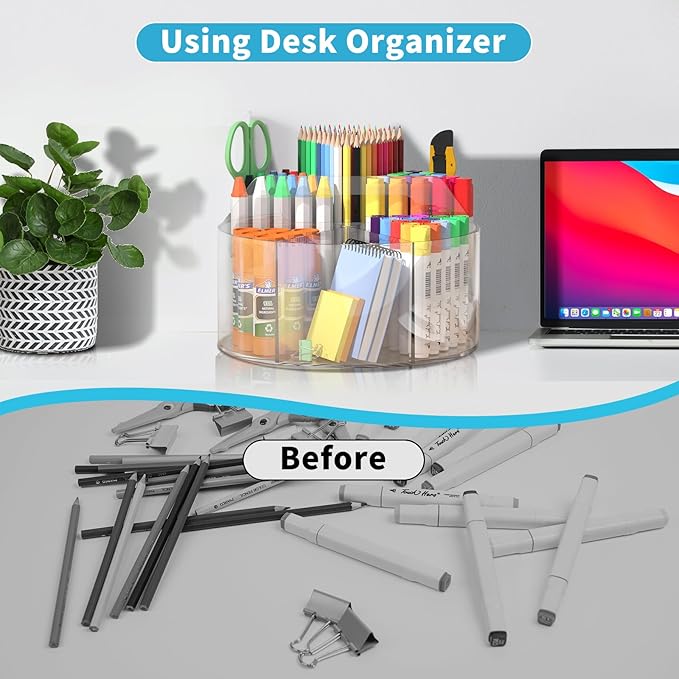Rotating Art Supply Organizer 2 Pcs, Clear Marker Organizer Pen Holder for Desk, Colored Pencil Organizer Desktop Organizer for Kids, Acrylic Lazy Susan Organizer