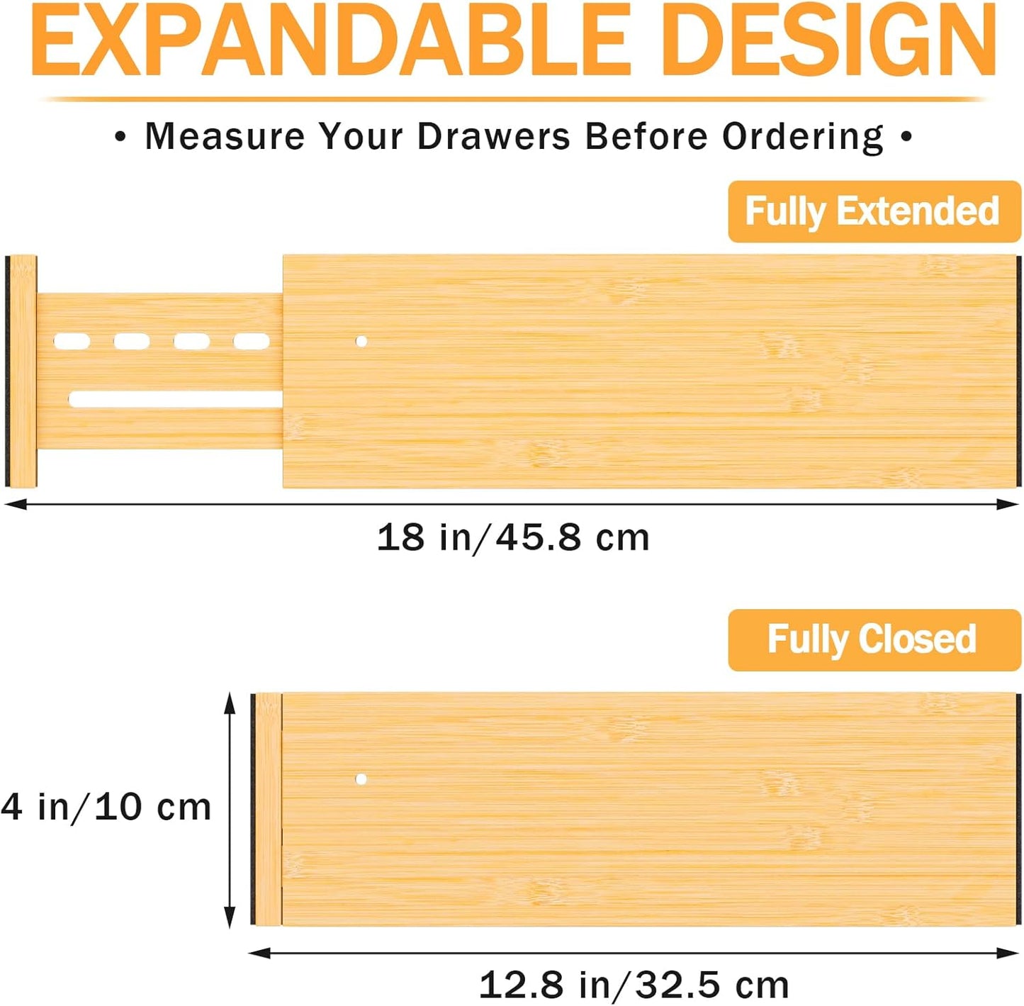 Bamboo Drawer Dividers 4" High, 12.8-18" Adjustable Drawer Organizers for Clothes,Expandable Dresser Separators in Bedroom/Kitchen/Bathroom/Office Organization and Storage,4 Pack