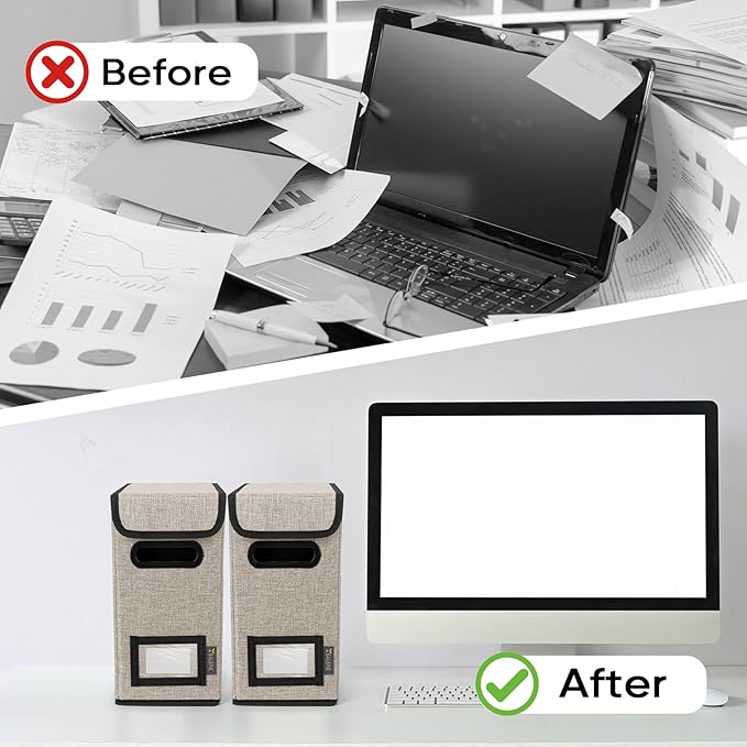 BALEINE File Organizer Box with Lid, Collapsible File Folder Organizer with Plastic Slide, Hanging File Folder Box for Office Document Storage (2 Pack, Beige, S)