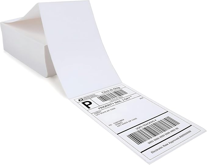 Fanfold 4 x 6 inch Thermal Labels Stack Direct White Strong Adhesive Perforated Postage Shipping Printer Compatible with Zebra SNBC Epson Rollo (1000, Fanfold)