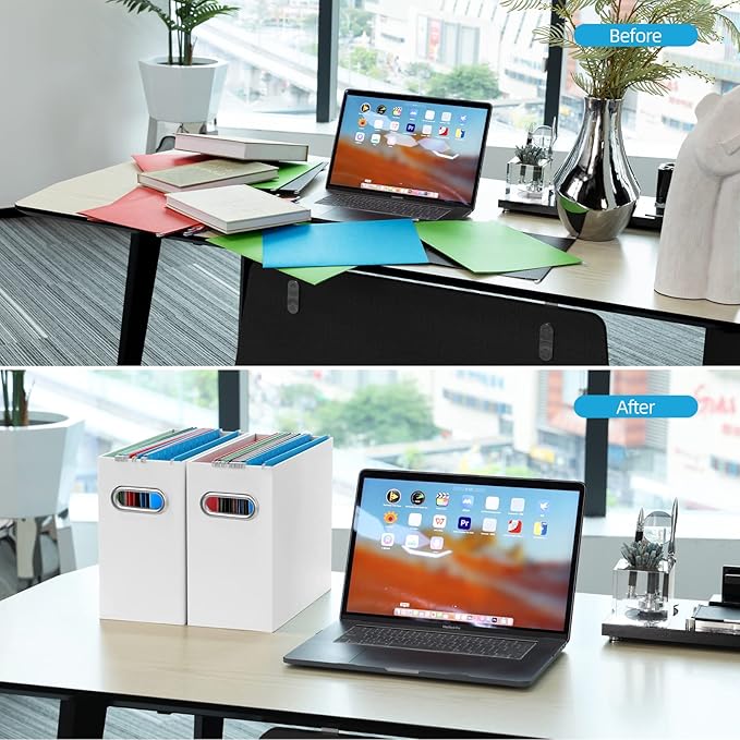 Oterri File Organizer, Small Storage Box, Cardboard File Folder Organizer, Collapsible File Box, Hanging File Organizer for Letter Size, Portable File Box with Handle, Only Box（White，2 Packs）