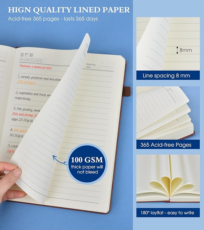 A5 Lined Journal Notebook - 365 Page Leather Journals for Writing Women & Men，Hardcover Notebook with 100Gsm Thick Pages，Daily Diary for Travel, Work，School，Note Taking，College Ruled (5.9" x 8.5")