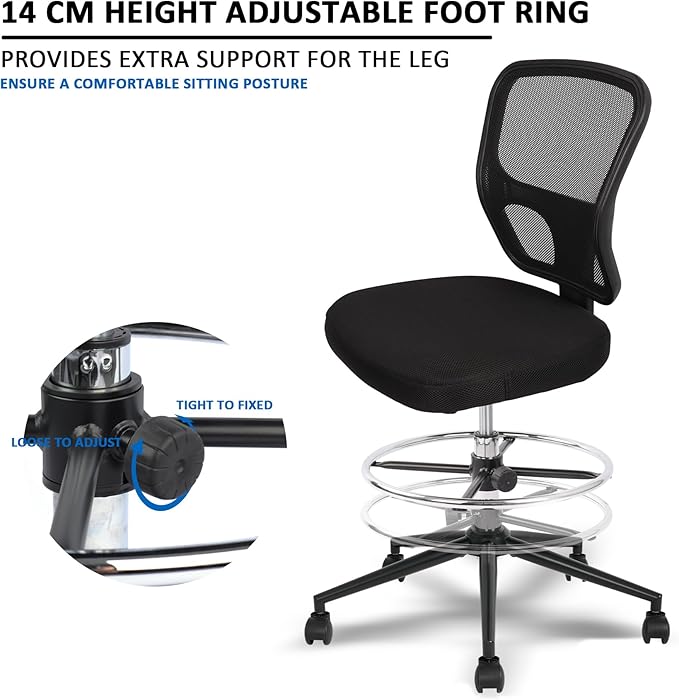 Armless Drafting Chair Tall Office Chair Adjustable Height High Back Ergonomic Desk Chair Drafting Stool Rolling Bar Stools Chairs with Footrest and Wheels