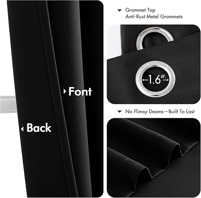 MIULEE Black Blackout Curtains for Bedroom Living Room 63 Inches Long 2 Panels, Thermal Insulated Room Darkening Drapes Solid Grommet Top Noise Reduction Light Blocking Halloween Window Treatments
