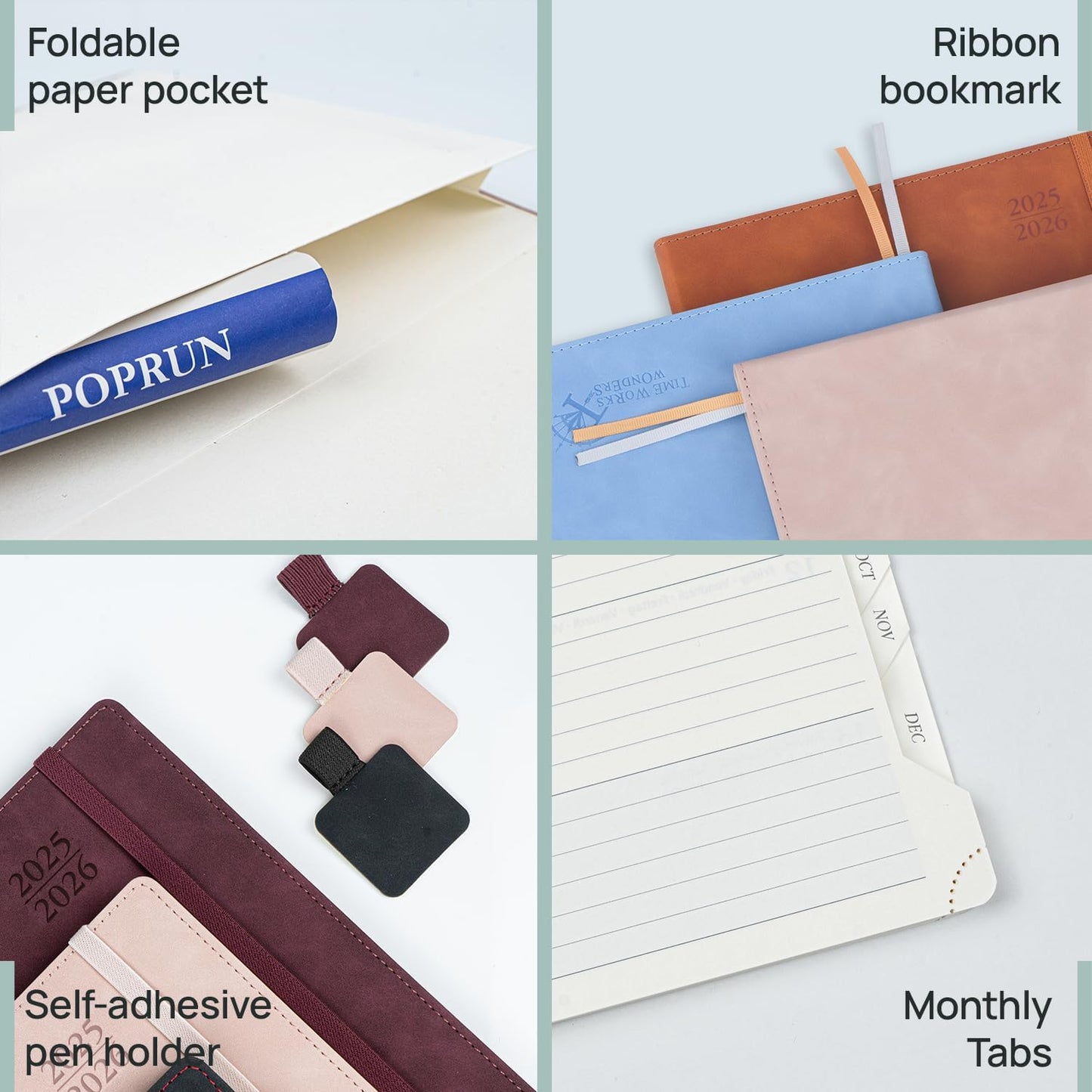 POPRUN Planner 2025-2026 Weekly Notebook (Large 8.5''x 10.5'') Academic Calendar (JUL.25 - JUN.26) Appointment Book with Monthly Tabs, Leather Soft Cover, Inner Pocket, 100 GSM - Claret