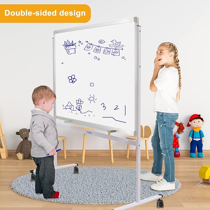H-Qprobd Mobile Whiteboard 36"x24" Magnetic Dry Erase Board with Stand - Adjustable Height Double Side Rolling White Boards on Wheels for Home, Office & School