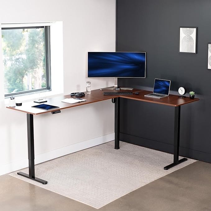 VIVO Electric Corner L-Shaped 84 x 63 in Standing Desk, Memory Height Adjustment, Dark Walnut Top Black Frame, DESK-E3CTBD-84