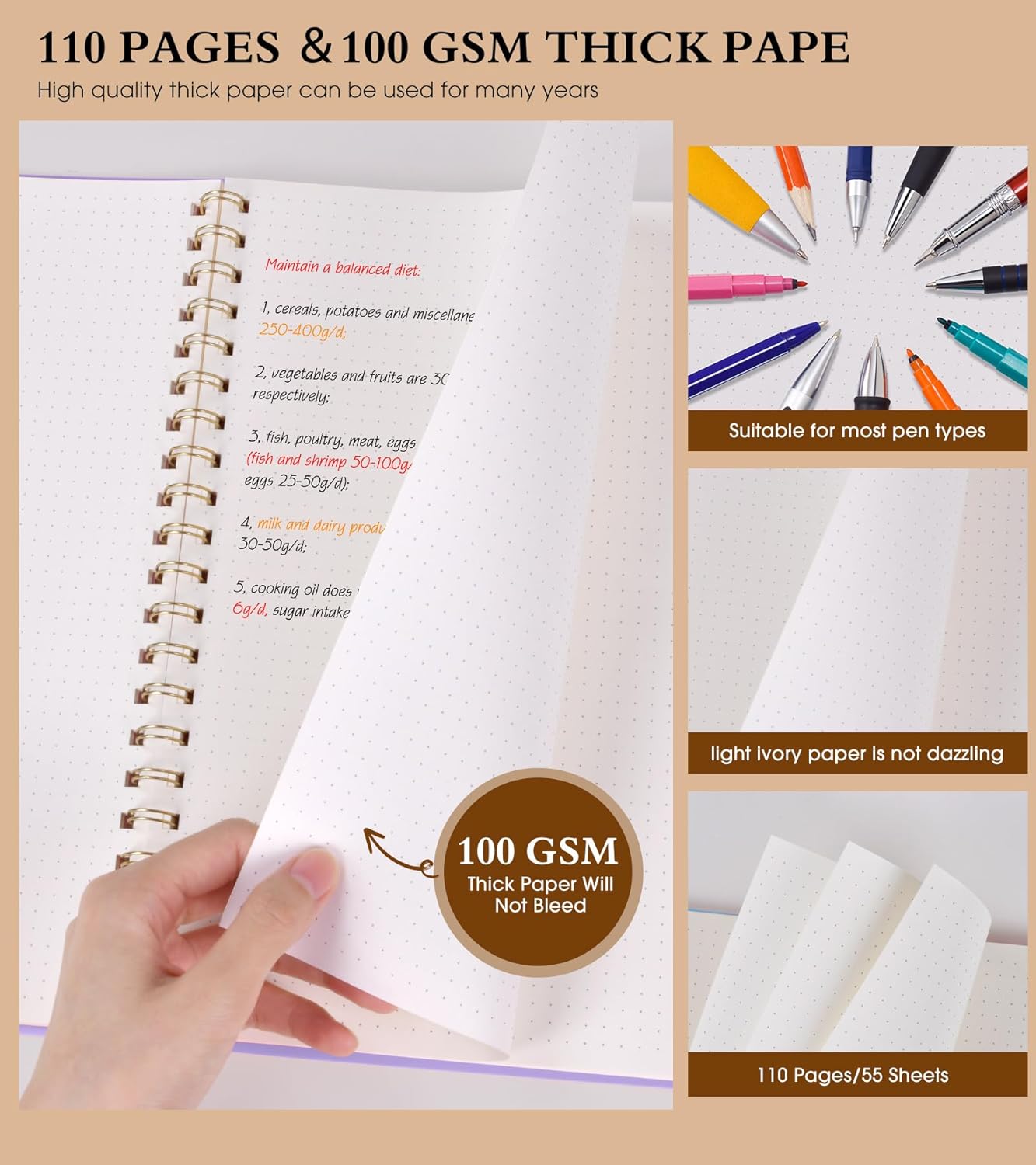 Dotted Notebook, Spiral Notebook Journal 8.5” x 11”, A4 Large Dot Grid Notebooks for Women Men, 100 GSM Dotted Paper, Plastic Hardcover Spiral Bullet Journals for Work School Sketching, Purple