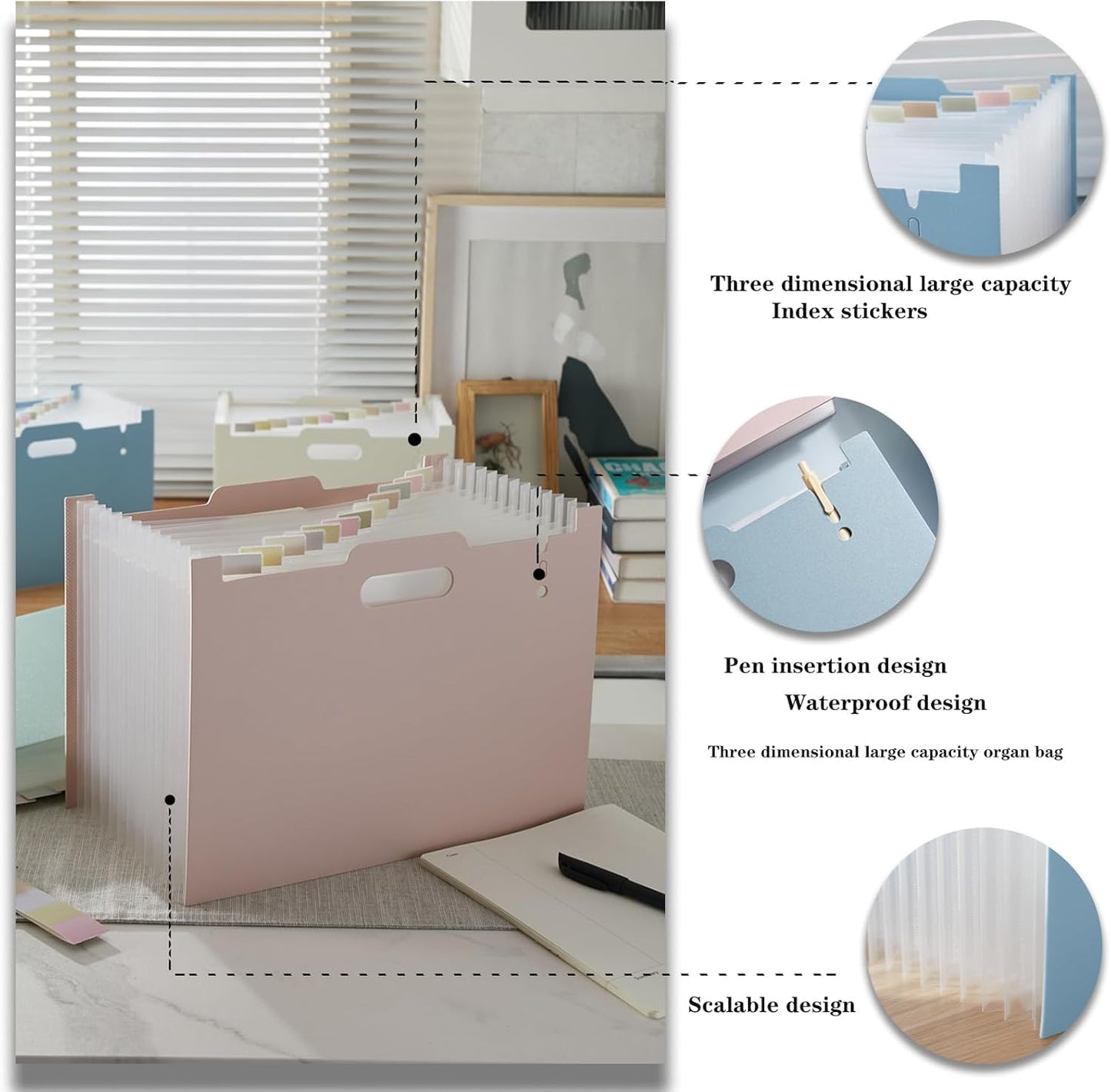 2-Piece Accordion Folder Manager, 12 Grid Expansion Pages, Portable Monthly Bill and Receipt Manager That Opens Upright, Colored Labels, School, Home, and Office letterhead/A4 Size, Pink