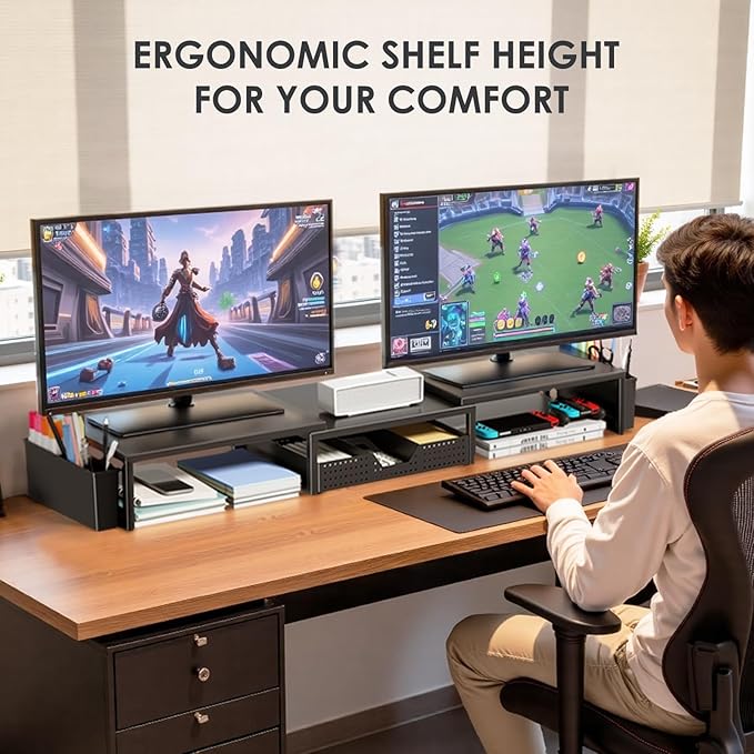 Desk Organizers and Accessories, Dual Monitor Stand Riser with Drawer and 2 Pen Holders, Desk Shelf Metal Computer Monitor Stand for Office Workspace Organizers, Desktop Organization (Black)