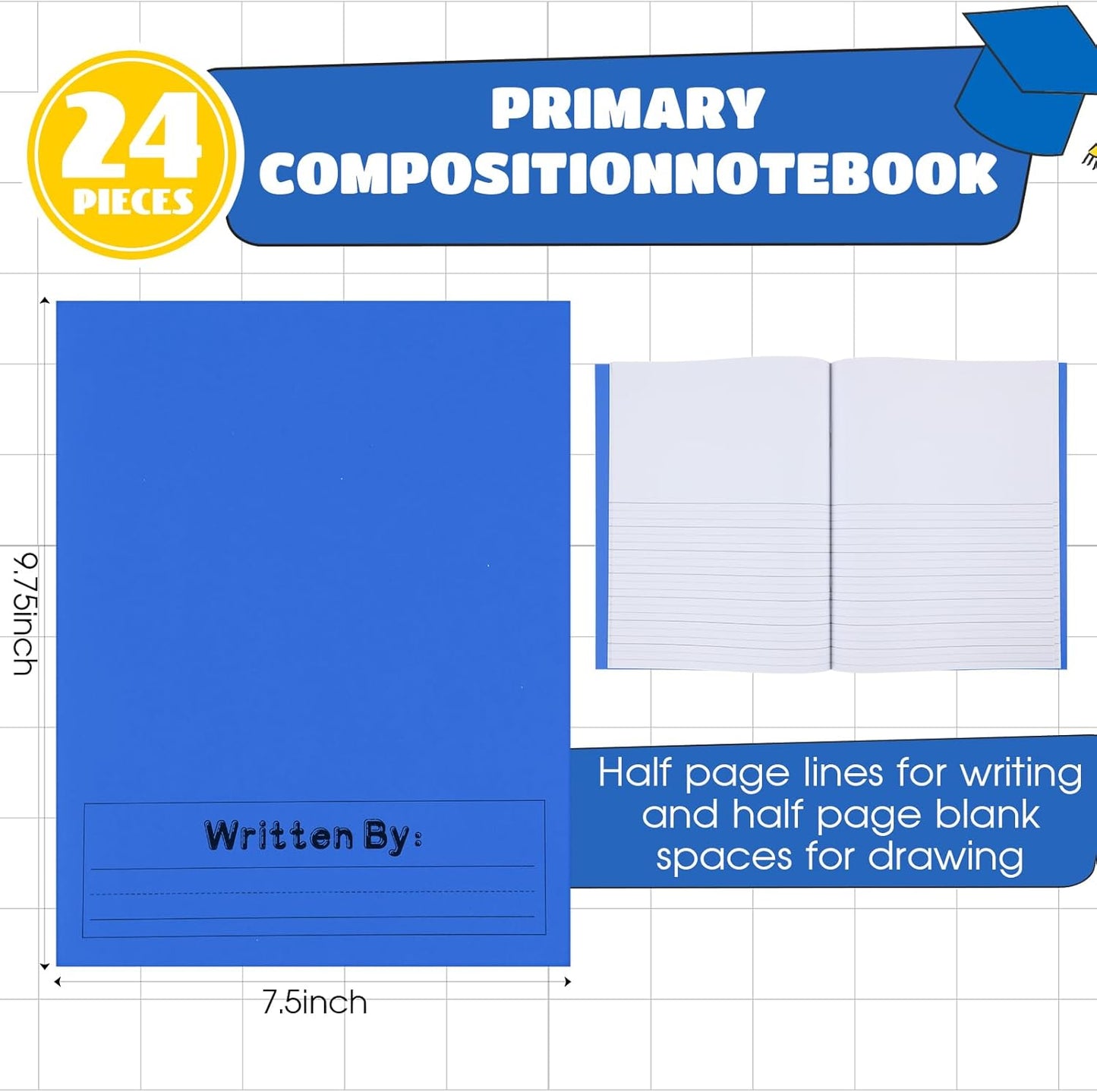 Henoyso 24 Pcs Primary Composition Notebook K-2 9 3/4 x 7 1/2 Inch Primary Journal, Back to School Supplies, Bulk Blank Writing Book for Kid to Write Draw Journal 60 Page Notebooks (Blue)