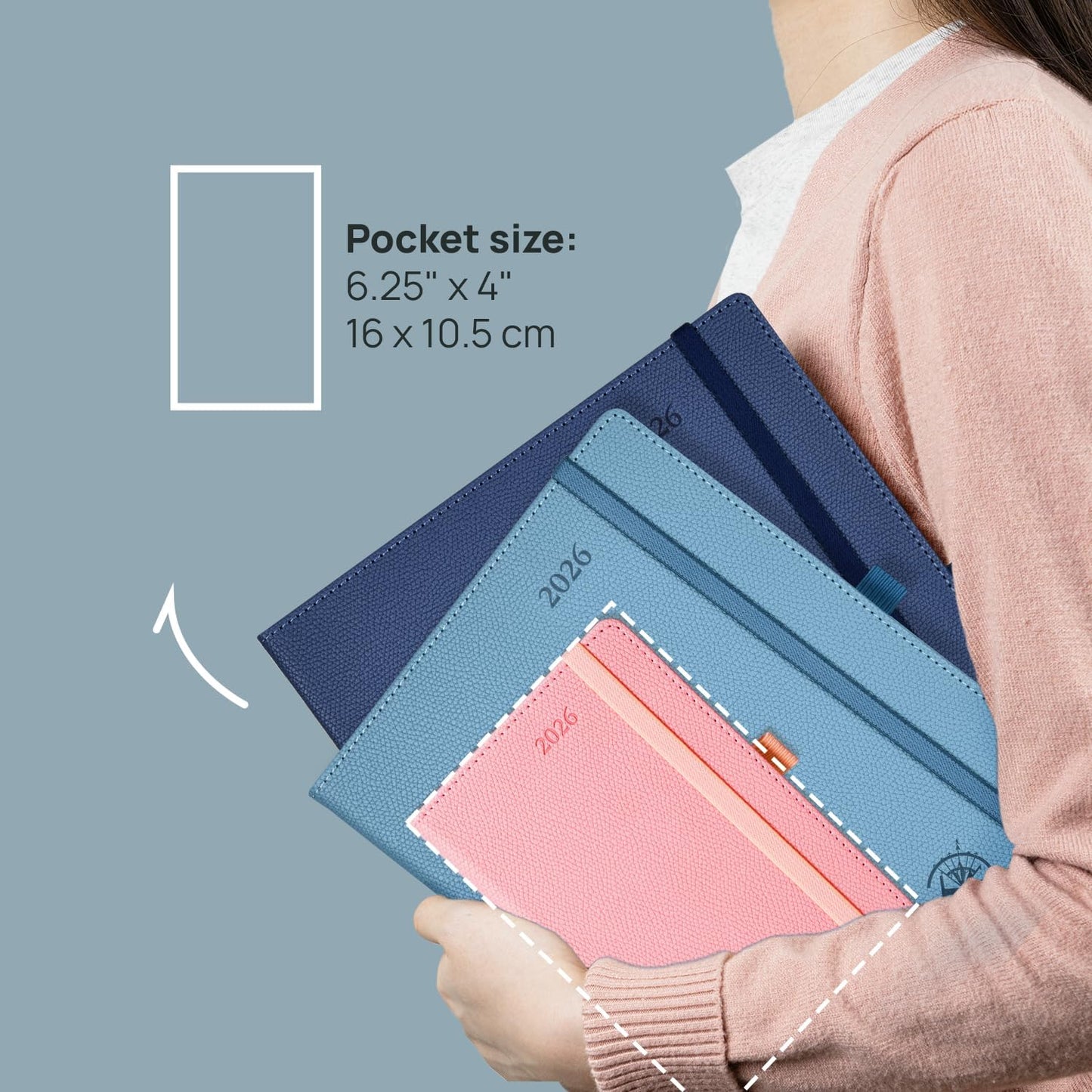 POPRUN Weekly Planner 2026 Calendar (Pocket 4'' x 6.25'') 12 Months Notebook with Horizontal Layout, Leather Hardcover, Inner Pocket, 100GSM Thick Paper, Pen Holder TJ - Pacific Green