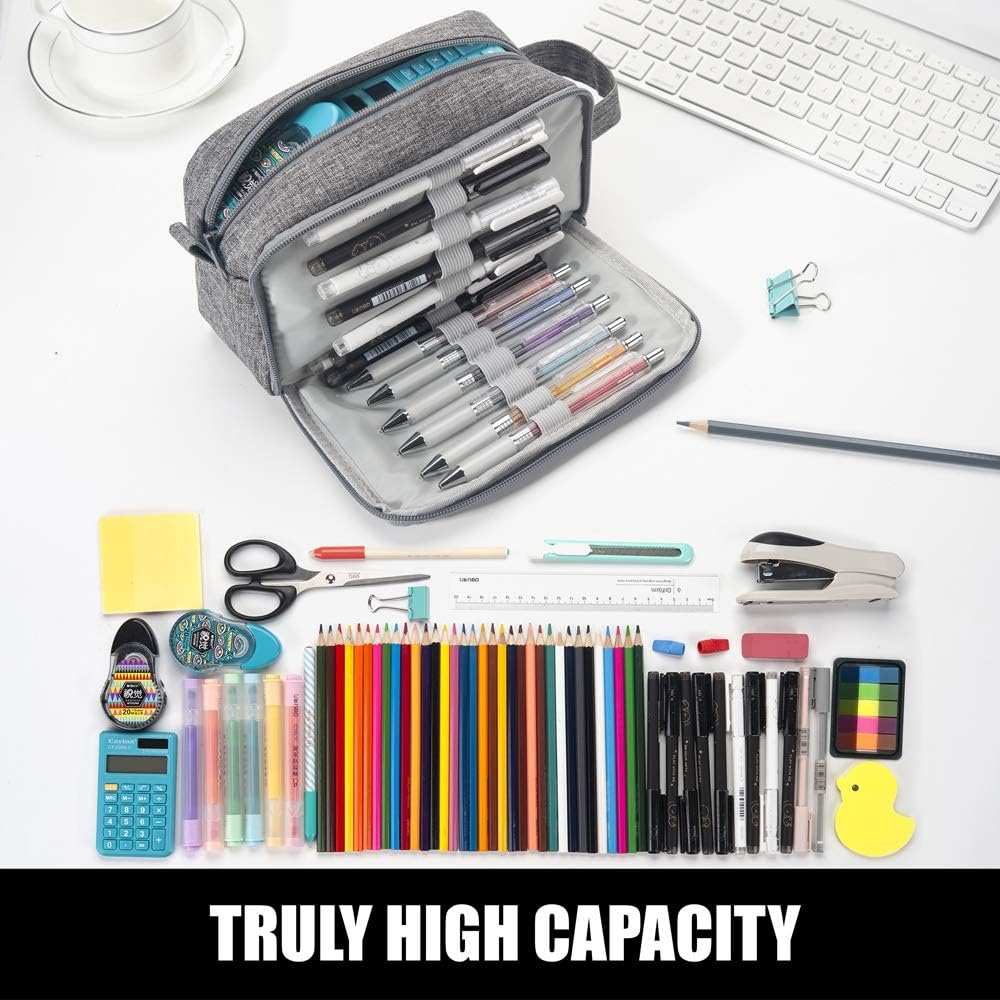 Sooez High Capacity Pencil Case, Big Pencil Bag Pouch Box Organizer Pen Case, Portable Journaling Supplies with Easy Grip Handle & Loop, Asthetic Supply for Girls Adults, Grey