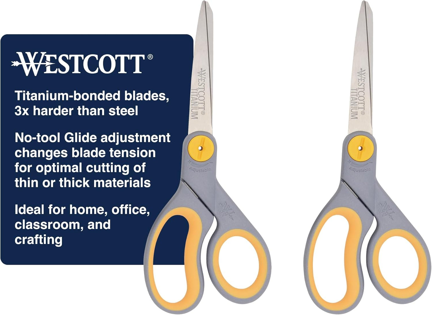 Westcott 8-Inch Titanium-Bonded Scissors with Adjustable Glide Feature for Office and Home - Gray/Yellow, 2-Pack