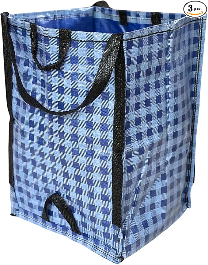 DURASACK Heavy Duty Home and Yard Bags 48-Gallon Reusable Self-Standing Lawn and Leaf Bags Garbage Can with Reinforced Handles, Gingham Blue, 3 Pack