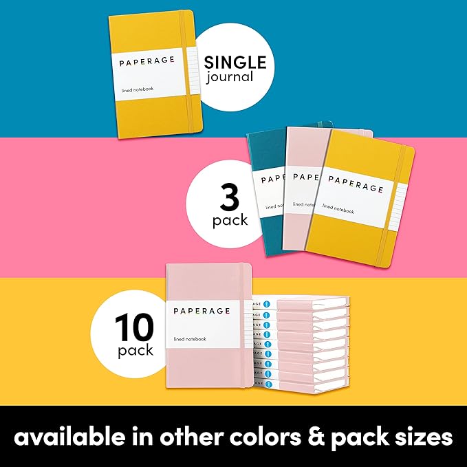 PAPERAGE Lined Journal Notebook, 10 Pack, (Bright Rainbow), 160 Pages, Medium 5.6 in x 8 in - 100 GSM Thick Paper – Hardcover Journaling Notebook for Work, School & Note Taking